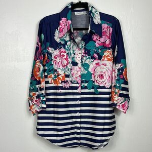 Isabel Floral Striped Cotton Women's Button Down Shirt Size L